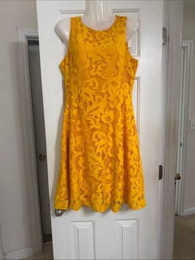 eva mendes for New York & Company Bright Yellow Lace Fit-and-Flare Mini Dress